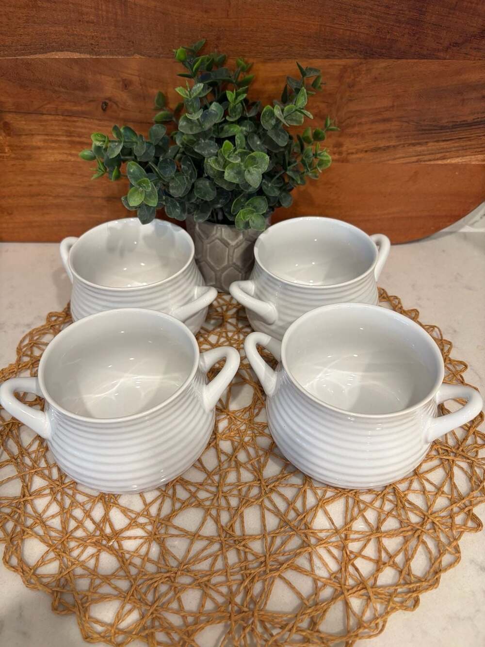 Crate & Barrel White Ceramic Soup Bowls with Handles Set of 4